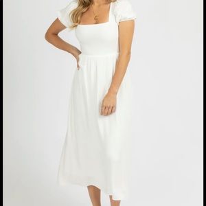 L’ABEYE WHITE PUFF SLEEVE OPEN-BACK MIDI DRESS, Medium, NWT